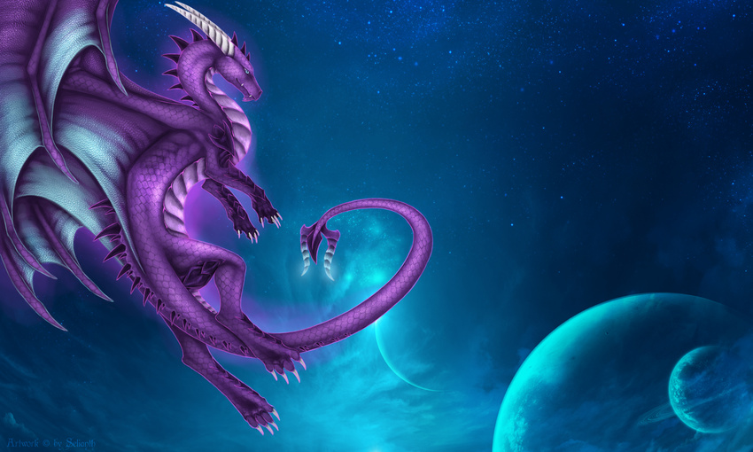 blue_eyes claws detailed_background digital_media_(artwork) dragon female hi_res horn membrane_(anatomy) membranous_wings mythological_creature mythological_scalie mythology planet purple_body purple_scales scales scalie selianth smile solo space spacescape spines tail wings