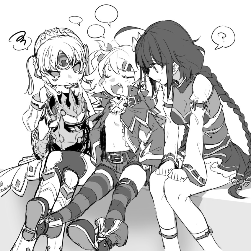 3girls ? annoyed ara_haan chiliarch_(elsword) code:_empress_(elsword) commentary_request crown drone elsword eve_(elsword) facial_mark forehead_jewel greyscale hair_ornament highres hiraijin little_specter_(elsword) luciela_r._sourcream moby_(elsword) monochrome multiple_girls oerba_yun_fang remy_(elsword) smile talking