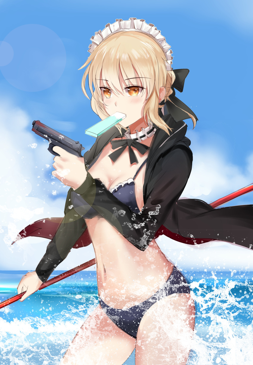 absurdres artoria_pendragon_(alter_swimsuit_rider)_(fate) artoria_pendragon_(alter_swimsuit_rider)_(second_ascension)_(fate) artoria_pendragon_(fate) bikini black_bikini black_bow black_jacket black_ribbon blonde_hair blue_sky bow breasts changpan_hutao choker cleavage cloud commentary_request day fate/grand_order fate_(series) female floating_hair frilled_bikini frills gun hair_between_eyes hairbow highres holding holding_gun holding_polearm holding_weapon hood hooded_jacket jacket lens_flare maid_headdress medium_breasts mouth_hold navel ocean open_clothes open_jacket orange_eyes outdoors polearm ribbon short_hair sky solo spear swimsuit wading weapon