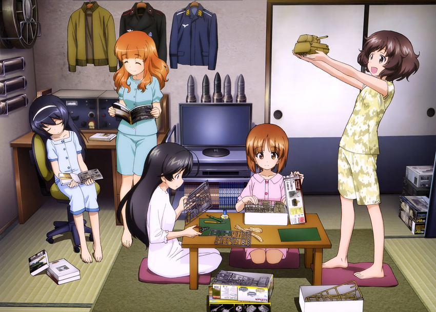 5girls :d ^_^ absurdres ahoge akiyama_yukari arms_up artist_request barefoot black_hair box boxcutter brown_eyes brown_hair camouflage camouflage_shirt camouflage_shorts clippers closed_eyes cushion cutting_mat girls_und_panzer highres indoors isuzu_hana long_hair magazine_(object) military military_uniform model model_building model_kit model_tank multiple_girls nightgown nishizumi_miho official_art open_mouth orange_hair pajamas pillow reizei_mako room scan seiza shirt short_hair shorts sitting sleeping sliding_doors smile sprue standing table takebe_saori tatami television toy toy_tank uniform yokozuwari zabuton