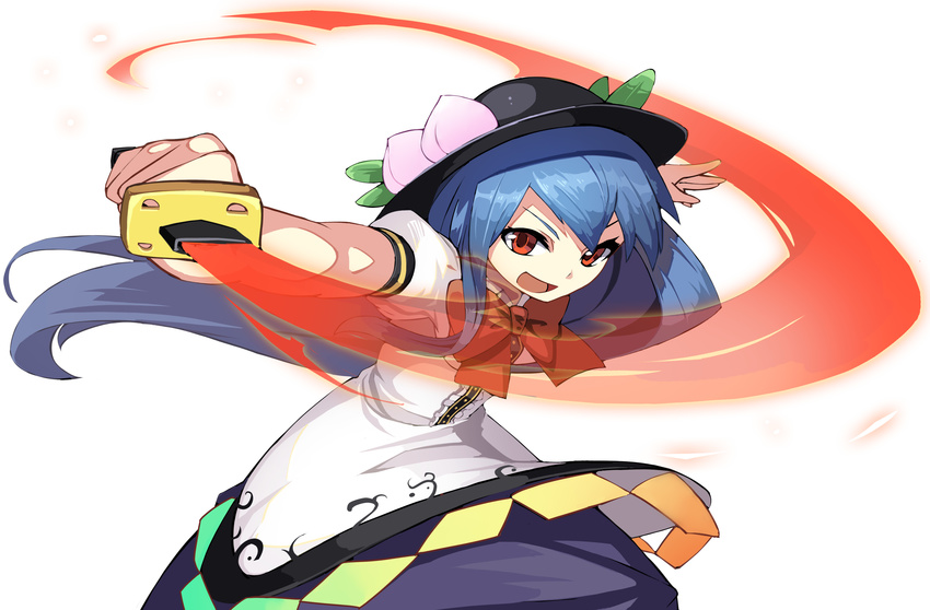 absurdres black_hat blue_hair blue_skirt bow bowtie commentary_request cowboy_shot female food fps fruit hat hat_leaf highres hinanawi_tenshi leaf long_hair looking_at_viewer open_mouth peach photoshop_(medium) puffy_short_sleeves puffy_sleeves red_bow red_bowtie red_eyes shirt short_sleeves simple_background skirt slashing smile solo sword_of_hisou touhou white_background white_shirt