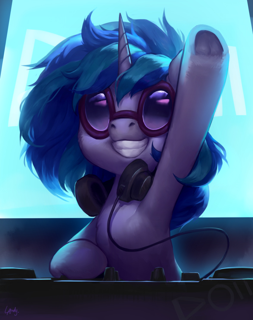 2018 absurd_res blue_hair bust_portrait disc_jockey electronics equid equine eyewear female feral friendship_is_magic grin hair hasbro headphones hi_res hooves horn inside landypommel mammal monitor multicolored_hair my_little_pony mythological_creature mythological_equine mythology portrait signature smile solo sunglasses teeth turntable_(decks) two_tone_hair underhoof unicorn vinyl_scratch_(mlp) wire