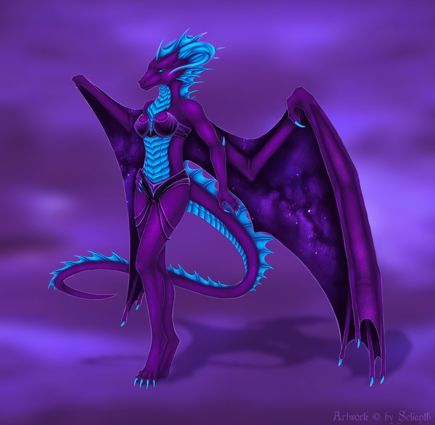 5_fingers anthro barefoot biped blue_eyes breasts digital_media_(artwork) digitigrade dragon feet female fingers membrane_(anatomy) membranous_wings midriff mythological_creature mythological_scalie mythology non-mammal_breasts purple_background scalie selianth simple_background smile solo spines tail wings