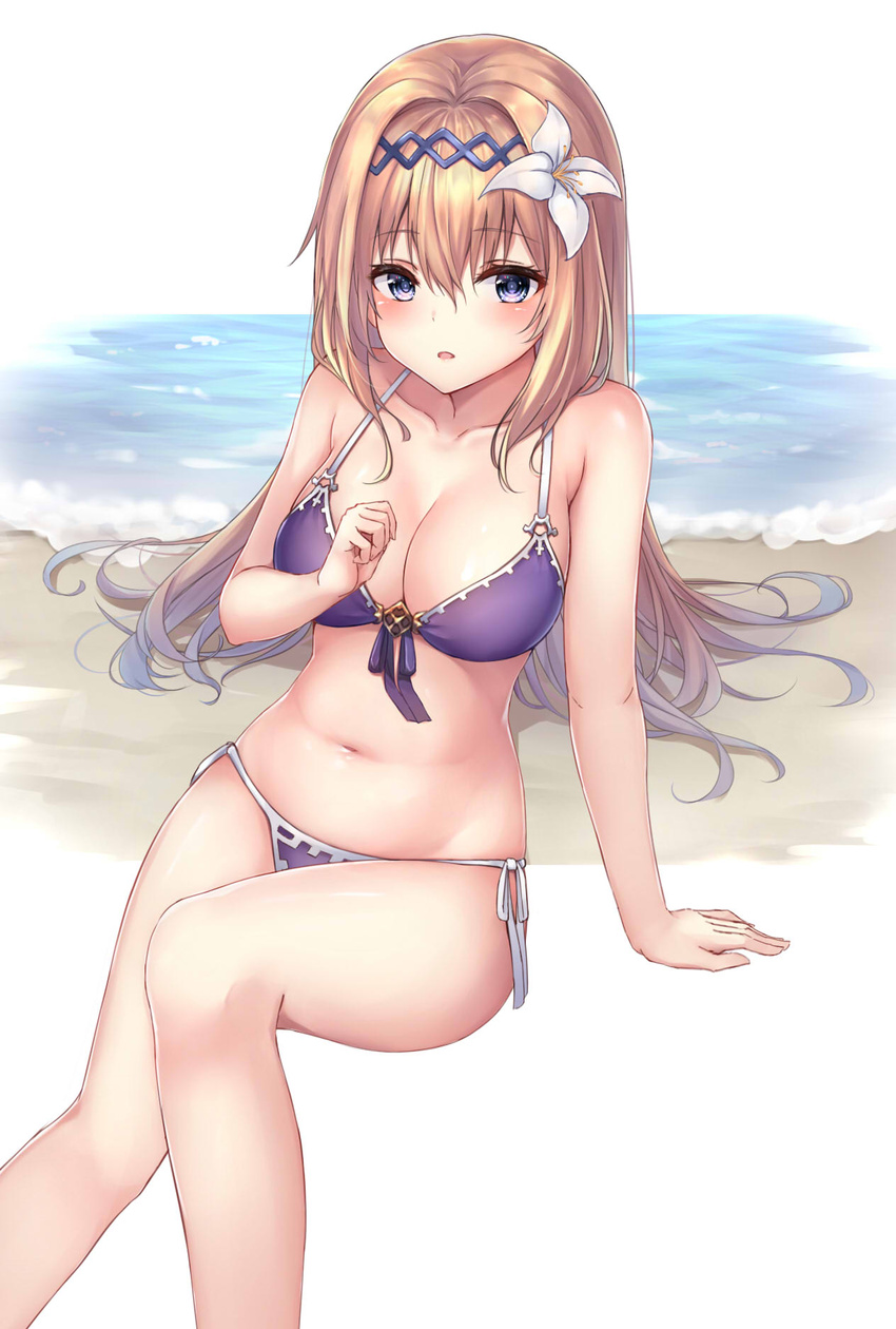 arm_support bare_arms bare_shoulders beach bikini blue_eyes blush breasts cleavage collarbone commentary_request female flower front-tie_bikini_top front-tie_top granblue_fantasy hair_between_eyes hair_flower hair_ornament highres jeanne_d'arc_(granblue_fantasy) jeanne_d'arc_(summer)_(granblue_fantasy) light_brown_hair long_hair looking_at_viewer medium_breasts navel official_alternate_costume parted_lips purple_bikini sand side-tie_bikini_bottom sitting solo swimsuit very_long_hair water white_background white_flower ym_(distance819)