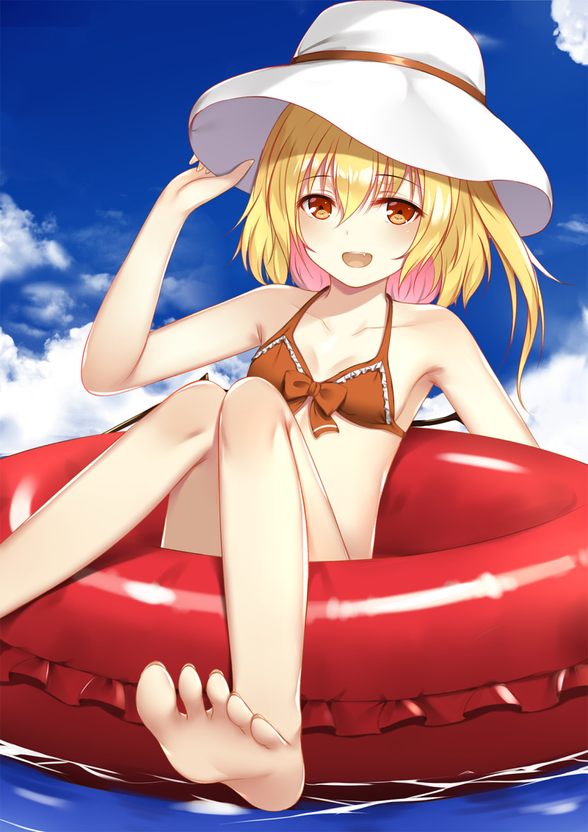 :d barefoot bikini blonde_hair blue_sky breasts cloud collarbone commentary day feet female flan_(seeyouflan) flandre_scarlet foreshortening hair_between_eyes hand_on_headwear hat highres innertube legs looking_at_viewer medium_hair oerba_yun_fang one_side_up open_mouth orange_bikini orange_eyes outdoors photoshop_(medium) sky small_breasts smile soles solo swim_ring swimsuit toenails toes touhou water white_hat