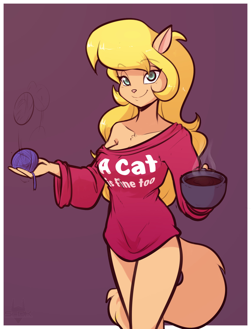 2017 a_cat_is_fine_too anthro ball_of_yarn bare_shoulders beverage big_breasts blonde_hair blue_eyes bottomless breasts callie_briggs clothed clothing coffee domestic_cat english_text felid feline felis female hair hanna-barbera hi_res long_hair looking_at_viewer mammal meme off_shoulder scorpdk shirt simple_background smile solo swat_kats text text_on_clothing text_on_shirt text_on_topwear topwear yarn