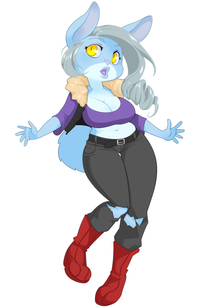 2:3 5_fingers absurd_res alpha_channel anthro belt big_breasts blue_body blue_fur boots breasts cleavage clothed clothing curvy_figure female fingers footwear front_view fur fur_trim_(clothing) grey_hair hair hi_res humanoid_hands lagomorph leporid looking_at_viewer mammal on_one_leg open_mouth rabbit solo standing topwear torn_clothing tweedabop vest voluptuous yellow_eyes