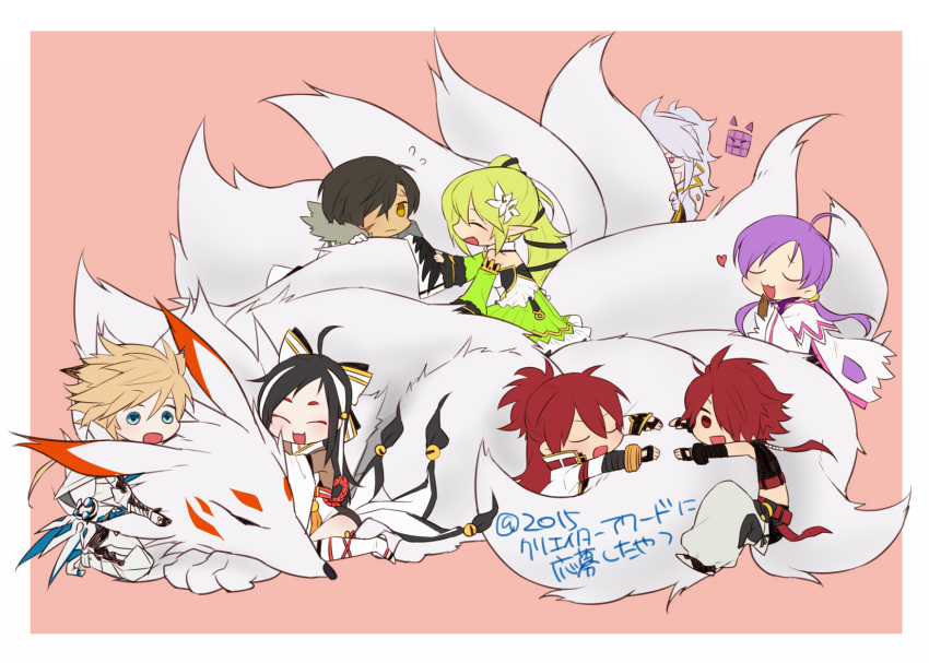 4boys 4girls add_(elsword) aisha_landar ara_haan asura_(elsword) blade_master_(elsword) blazing_heart_(elsword) blush chibi chung_seiker closed_mouth commentary_request elemental_master_(elsword) elesis_(elsword) elsword elsword_(character) eun_(elsword) green_sleeves hair_between_eyes hair_ornament highres hiraijin hug hugging_another's_tail hugging_tail long_hair long_sleeves mastermind_(elsword) multiple_boys multiple_girls open_mouth raven_cronwell rena_erindel rune_slayer_(elsword) short_hair simple_background skirt smile tactical_trooper_(elsword) tail tail_on_face wind_sneaker_(elsword)