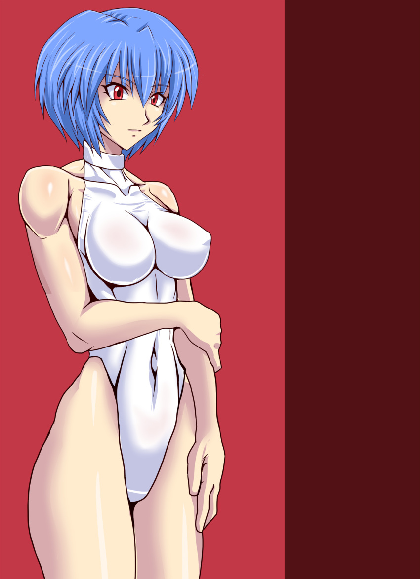 artist_request ayanami_rei blue_hair breasts curvy female female leotard neon_genesis_evangelion red_eyes shiny shiny_skin short_hair taroimo_(00120014)