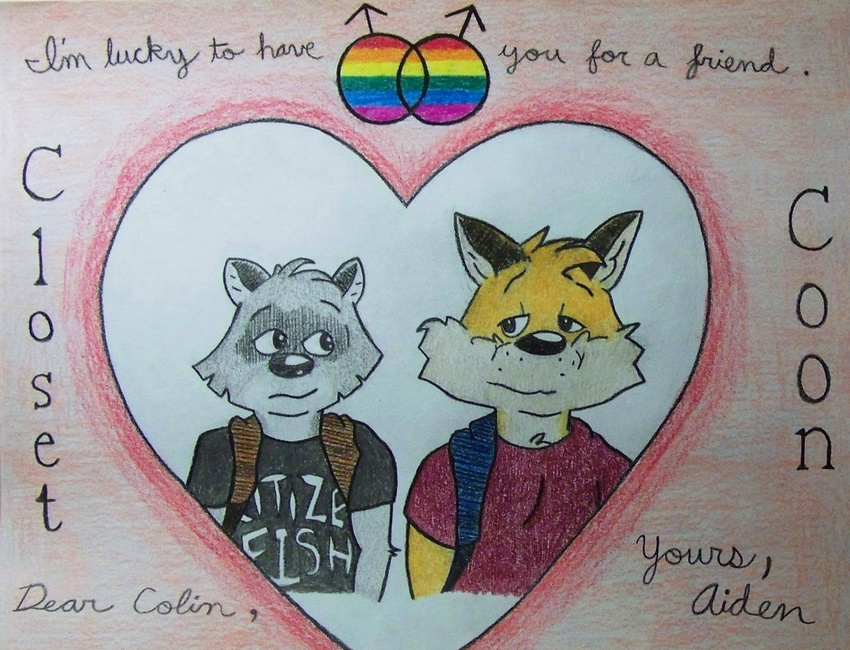 2015 aiden_harris anthro backpack bashfulbuckboy canid canine closet_coon clothed clothing colin_young english_text fox front_view fur grey_body grey_fur heart_symbol lgbt_pride male mammal orange_body orange_fur procyonid raccoon rainbow romantic romantic_ambiance romantic_couple shirt text topwear traditional_media_(artwork)