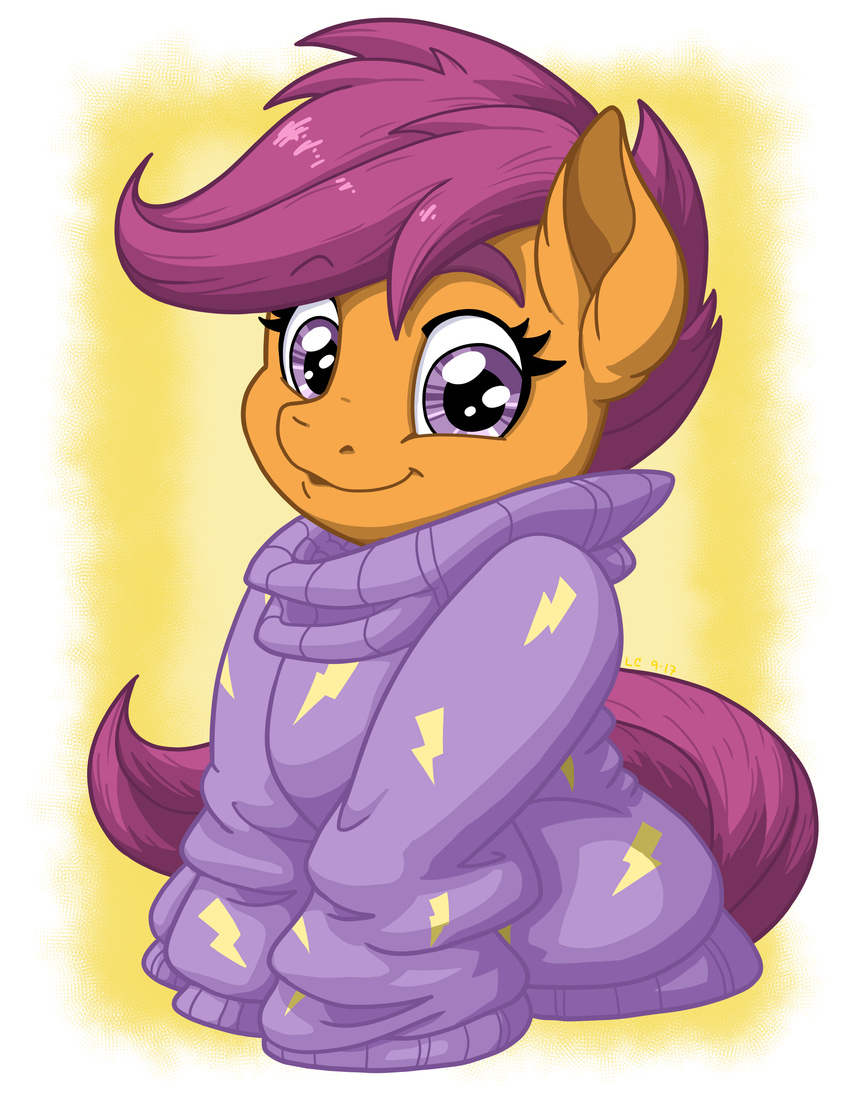 2017 absurd_res clothing english_text equid equine female friendship_is_magic hair hasbro hi_res horse latecustomer mammal my_little_pony pony purple_eyes purple_hair scootaloo_(mlp) sitting solo sweater text topwear