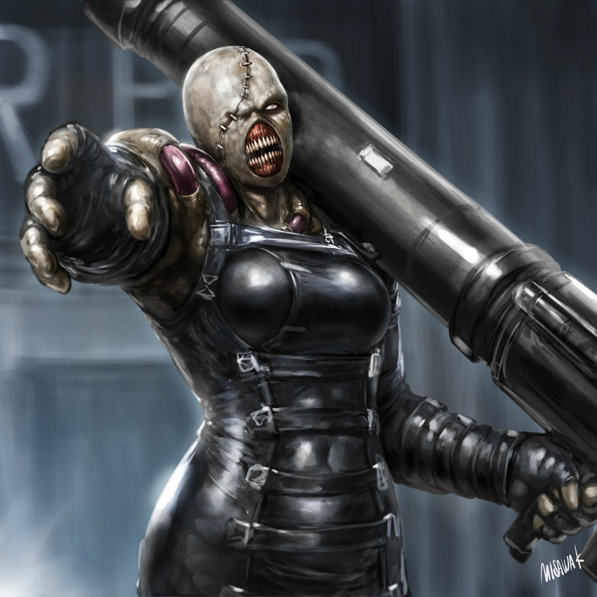 bald bald_girl bodysuit breasts commentary_request female fingerless_gloves genderswap_(mtf) gloves grey_eyes highres holding holding_weapon huge_weapon large_breasts leather misawa_kei monster_girl nemesis_(resident_evil) no_pupils one-eyed photoshop_(medium) reaching reaching_towards_viewer resident_evil resident_evil_3:_nemesis resident_evil_3_(remake) rocket_launcher rule_63 signature skin_tight solo standing stitches weapon zombie