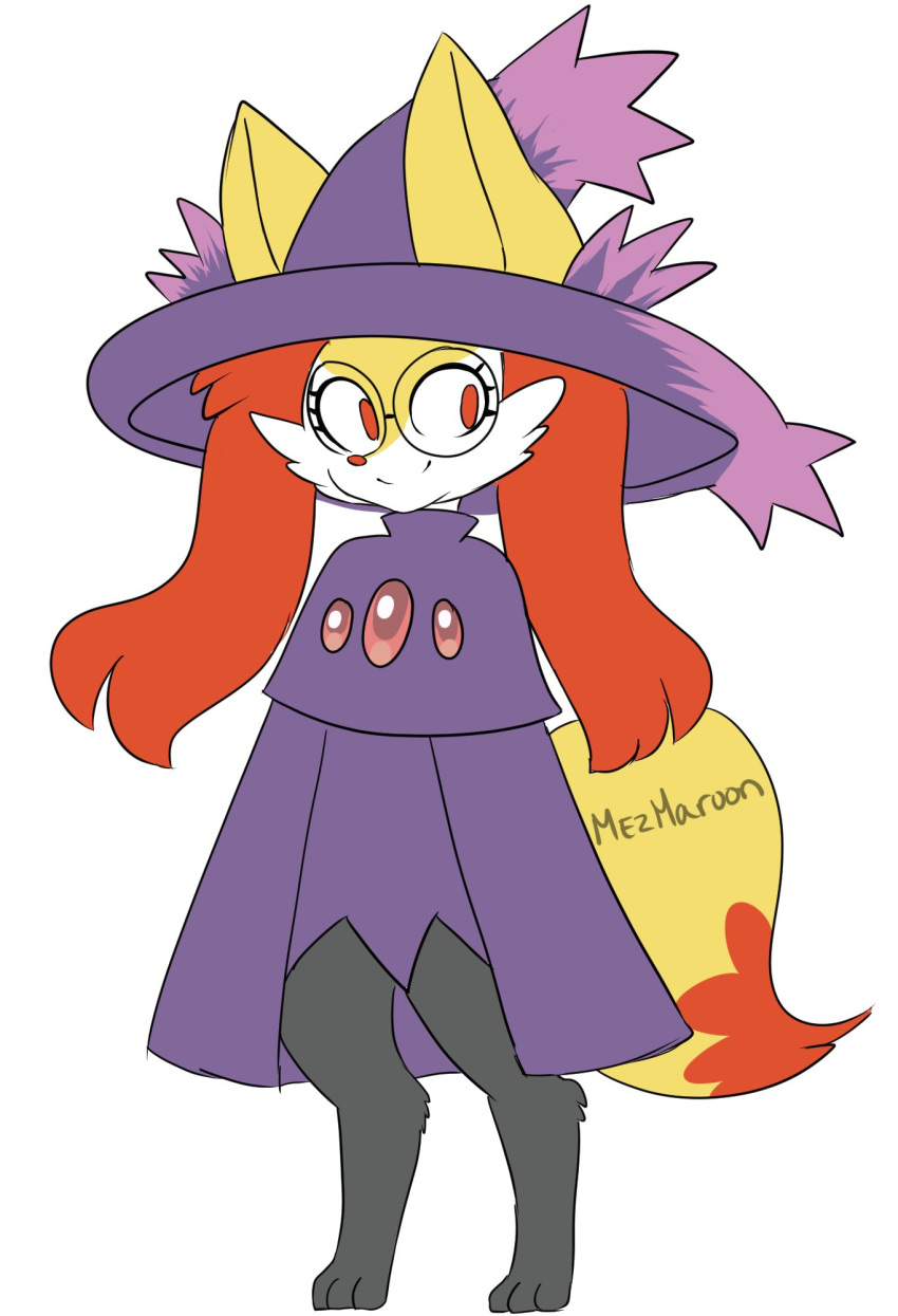 animal_ear_fluff animal_ears artist_name barefoot bespectacled black-framed_eyewear braixen closed_mouth clothed_pokemon cosplay creatures_(company) dress female female fox_ears fox_tail full_body furry game_freak gen_4_pokemon gen_6_pokemon glasses happy hat highres jpeg_artifacts looking_to_the_side mezmaroon mismagius mismagius_(cosplay) nintendo no_humans paws pokemon pokemon_(creature) purple_dress purple_hat red_eyes signature simple_background smile solo standing tail white_background witch_hat