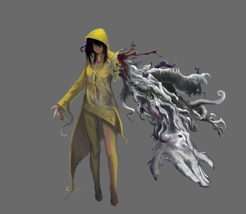 absurdres black_eyes black_hair commentary eldritch_abomination extra_eyes eyeball female fingernails gradient_background grey_eyes hastur highres hood hood_up long_hair original photoshop_(medium) sharp_fingernails shibafu_no_atama solo standing tentacle torn_clothes veins yellow_eyes