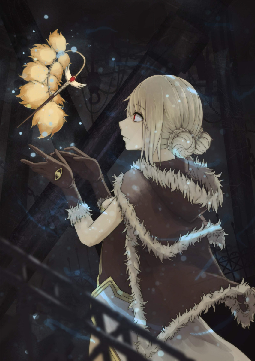 beeginner bio_lab blonde_hair blush breasts brown_cape brown_dress brown_gloves cape closed_mouth commentary_request cowboy_shot double_bun dress female fur-trimmed_cape fur-trimmed_gloves fur_trim gloves hair_bun high_wizard_(ragnarok_online) highres kathryne_keyron layered_dress medium_breasts ragnarok_online red_eyes short_dress short_hair solo two-tone_dress wand white_dress