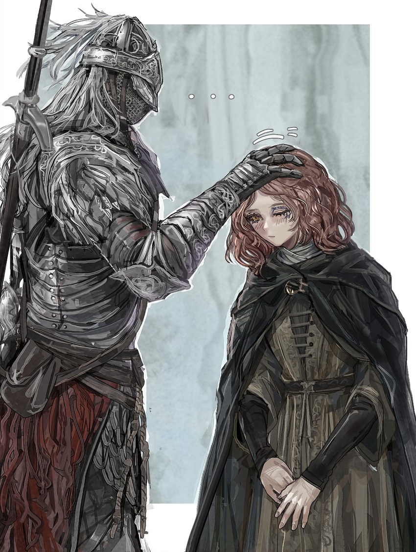 1other ambiguous_gender armor black_cloak bloody_wolf_(elden_ring) blush cloak closed_mouth cold_coat covered_eyes elden_ring female full_armor hair_ornament hand_on_another's_head headpat helm helmet helmet_over_eyes highres hood hood_down hooded_cloak long_hair melina_(elden_ring) nslacka one-eyed one_eye_closed pale_skin red_hair scar scar_across_eye short_hair shoulder_armor tarnished_(elden_ring) tattoo yellow_eyes