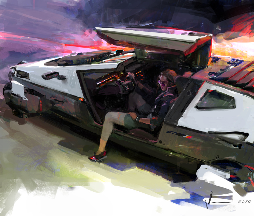 absurdres brown_hair car dark-skinned_female dark_skin delorean female gullwing_doors highres john_liberto looking_to_the_side medium_hair motor_vehicle original science_fiction sitting solo sunglasses vehicle_focus