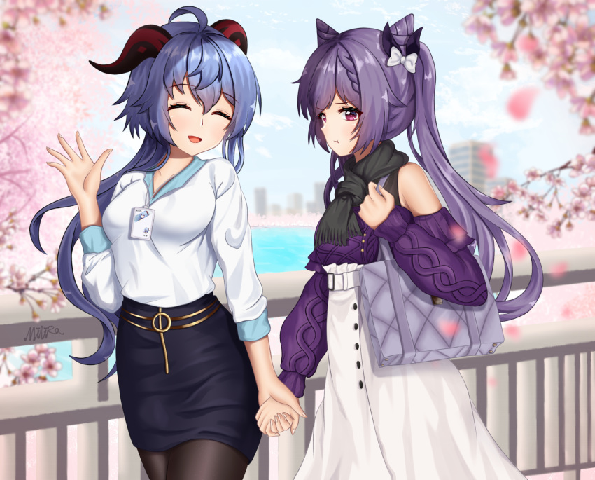 2girls absurdres ahoge bag black_pantyhose black_scarf blue_hair blue_skirt blush braid breasts cherry_blossoms closed_eyes cone_hair_bun double_bun ganyu_(genshin_impact) genshin_impact hair_bun handbag highres holding_hands horns keqing_(genshin_impact) keqing_(lantern_rite)_(genshin_impact) long_hair looking_at_another medium_breasts milira multiple_girls official_alternate_costume outdoors pantyhose pencil_skirt pout purple_eyes purple_hair scarf shirt sidelocks skirt smile white_shirt