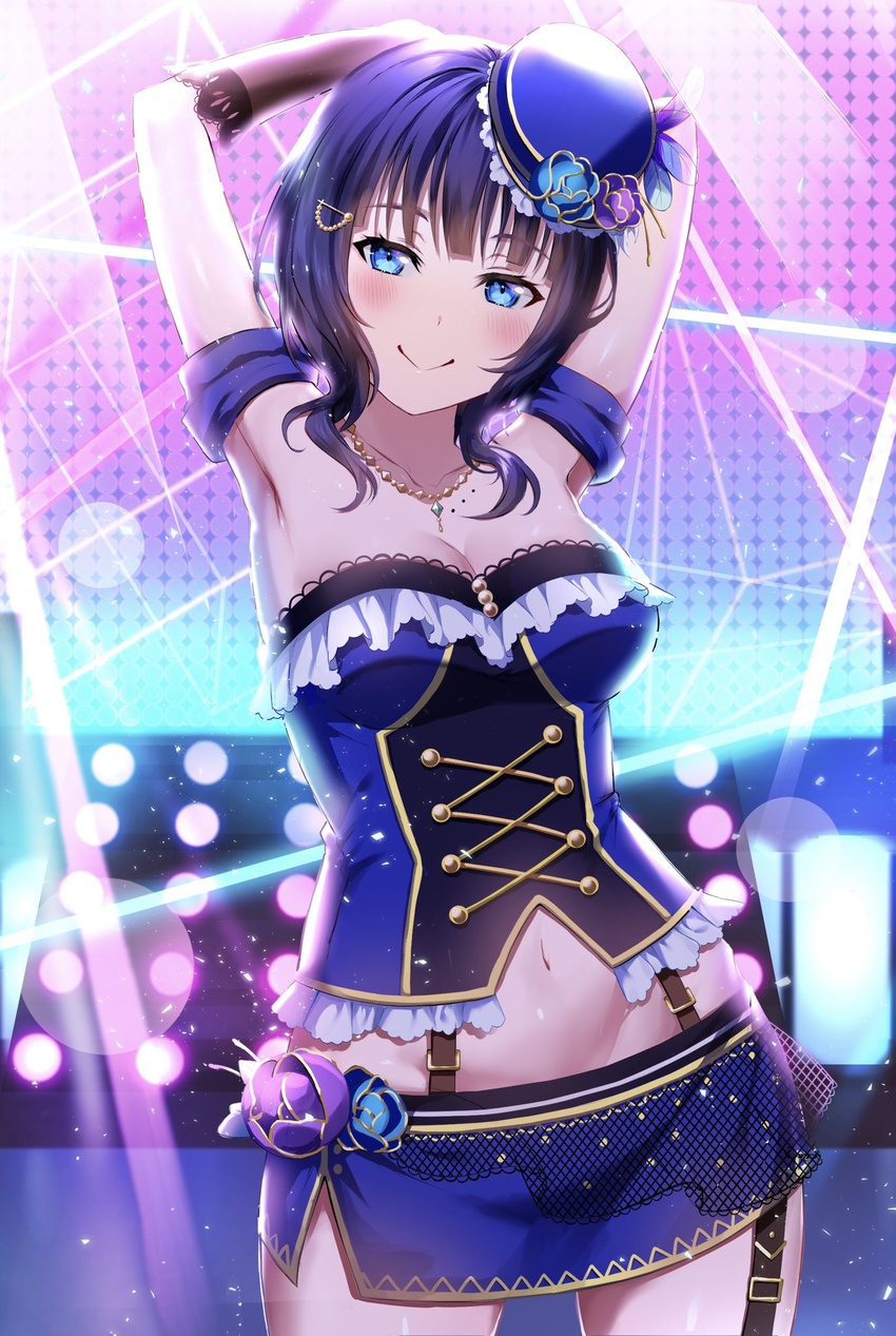 :> arm_cuffs armpits arms_behind_head arms_up asaka_karin bad_id bad_twitter_id black_ribbon blue_eyes blue_flower blue_hair blue_skirt blush breasts cleavage collarbone commentary cowboy_shot cross-laced_clothes cross-laced_top elbow_gloves english_commentary female flower garter_straps gloves hat hat_flower hat_ribbon highres lace-trimmed_gloves lace_trim large_breasts looking_at_viewer love_live! love_live!_nijigasaki_high_school_idol_club mia_(fai1510) miniskirt mole mole_on_body mole_on_collarbone multiple_moles pink_flower ribbon shirt short_hair sidelocks single_garter_strap skirt sleeveless sleeveless_shirt solo stage stage_lights starlight_(love_live!) top_hat