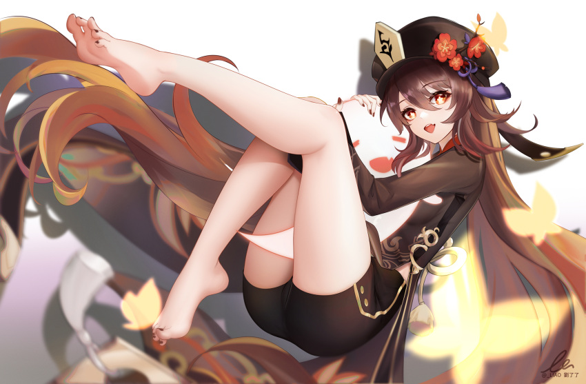 bad_id bad_twitter_id bare_legs barefoot black_hat black_nails boo_tao_(genshin_impact) brown_hair brown_shirt brown_shorts coattails commentary feet female flower flower-shaped_pupils full_body genshin_impact ghost hair_between_eyes hat hat_flower highres hu_tao_(genshin_impact) hug liu_liaoliao long_hair long_sleeves looking_at_viewer nail_polish open_mouth red_eyes red_flower shirt short_shorts shorts signature soles solo symbol-only_commentary symbol-shaped_pupils tassel toenail_polish toenails toes twitter_username very_long_hair