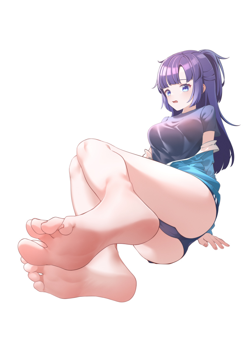 absurdres arm_support ass bad_id bad_pixiv_id barefoot blue_archive blue_eyes blue_jacket blue_shirt blue_shorts blunt_bangs breasts chan_sang eyelashes feet female foot_focus foreshortening highres jacket knees_up leaning_back legs legs_together long_hair looking_at_viewer medium_breasts micro_shorts off_shoulder open_mouth purple_hair shirt short_sleeves shorts sidelocks simple_background sitting soles solo t-shirt thighs toenails toes white_background yuuka_(blue_archive)