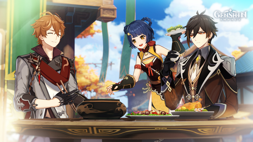 2boys bell_pepper black_gloves blue_hair brown_hair chicken_(food) chinese_clothes cup earrings eating eyeliner female fingerless_gloves flower food formal fruit gem genshin_impact gloves green_pepper hair_rings highres holding holding_cup jewelry lemon lettuce long_sleeves makeup multiple_boys mushroom official_art official_wallpaper orange_eyes orange_hair outdoors plate pot red_scarf scarf short_hair single_earring suit sweet_madame_(genshin_impact) tartaglia_(genshin_impact) tassel tassel_earrings tea vision_(genshin_impact) xiangling_(genshin_impact) yellow_eyes zhongli_(genshin_impact)