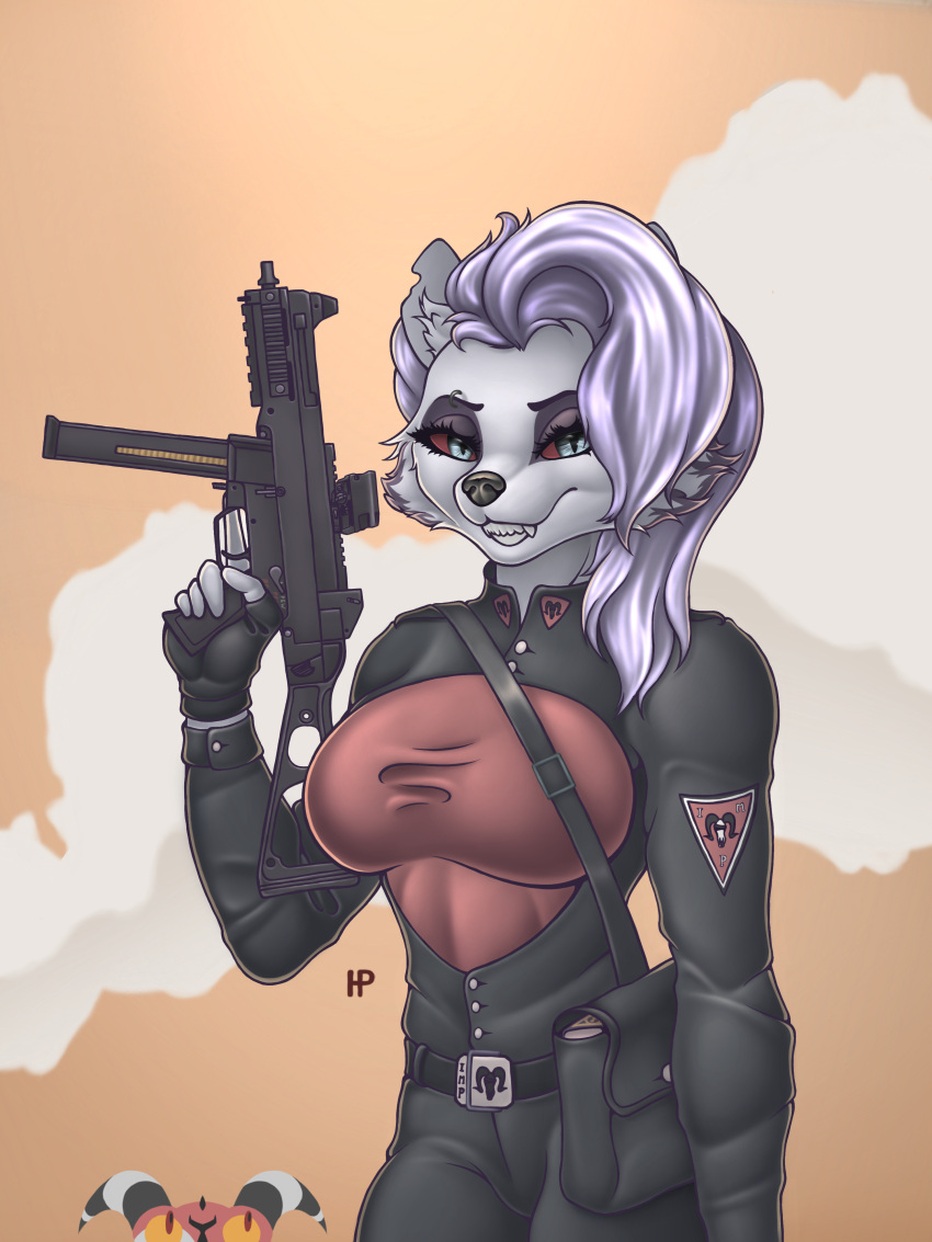 3:4 absurd_res anthro blitzo_(helluva_boss) canid canid_demon canine clothing demon eyebrow_piercing eyebrow_ring facial_piercing female gun heckler_and_koch hellhound helluva_boss hermitpioneer hi_res holding_gun holding_object holding_ranged_weapon holding_weapon loona_(helluva_boss) mammal military_uniform mythological_canine mythological_creature mythology piercing ranged_weapon ring_piercing solo submachine_gun ump-45 uniform weapon