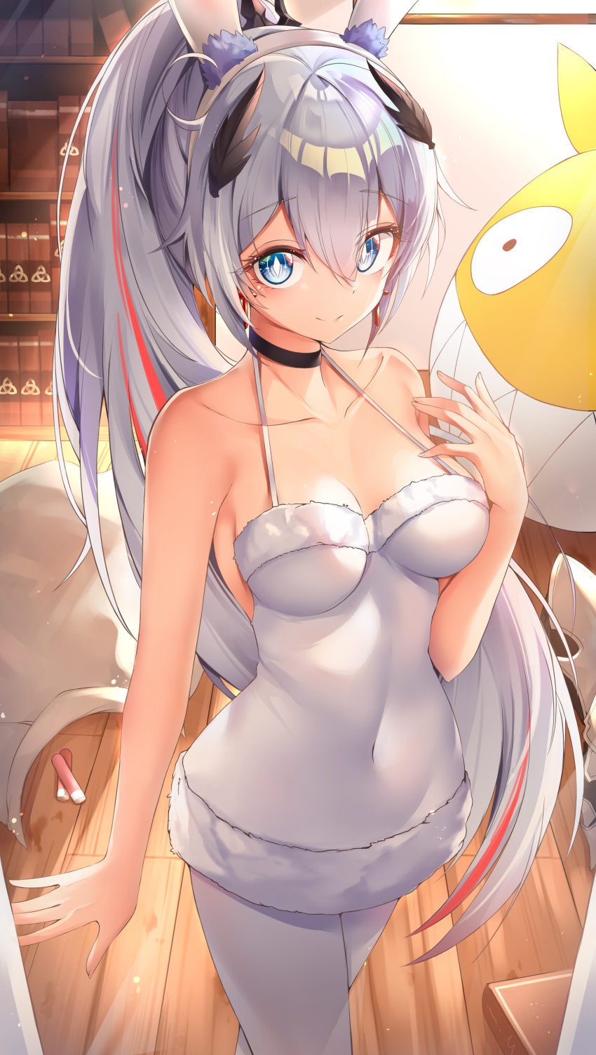 absurdres bare_arms bare_shoulders blush breasts cleavage closed_mouth collarbone covered_navel female gr_greeze grey_hair hair_ornament hairband highres homu_(honkai_impact) honkai_(series) honkai_impact_3rd indoors kiana_kaslana long_hair looking_at_viewer medium_breasts pantyhose ponytail smile solo standing thighs white_hairband white_pantyhose