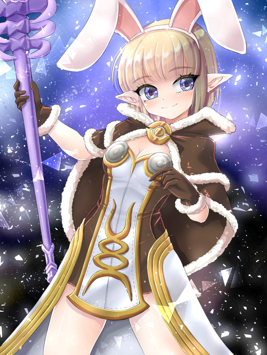 absurdres animal_ears blonde_hair blue_eyes blunt_bangs blush bob_cut breasts brown_cape brown_dress brown_gloves cape cleavage closed_mouth commentary_request cowboy_shot dress fake_animal_ears female fur-trimmed_cape fur-trimmed_gloves fur_trim gloves gold_trim hairband high_wizard_(ragnarok_online) highres holding holding_staff layered_dress looking_to_the_side medium_breasts midorinor pointy_ears rabbit_ears ragnarok_online short_dress short_hair smile solo staff strapless strapless_dress two-tone_dress white_dress white_hairband