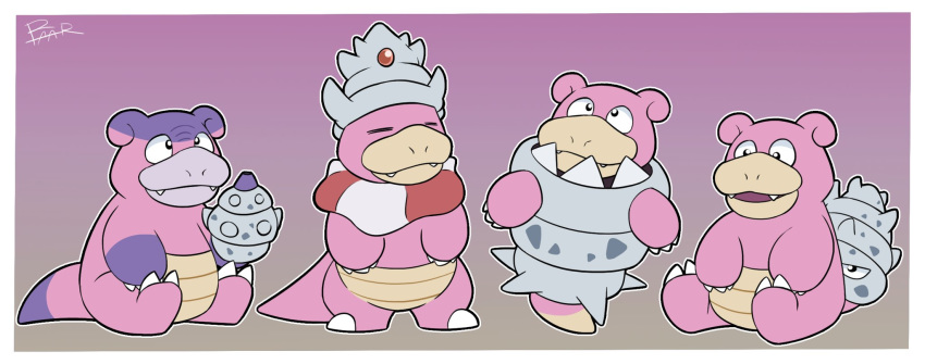 2020 anthro biped closed_eyes cute_fangs galarian_form galarian_slowbro generation_1_pokemon generation_2_pokemon generation_6_pokemon generation_8_pokemon group hi_res mega_evolution mega_slowbro multicolored_body nintendo pink_body pokemon pokemon_(species) regional_form_(pokemon) simple_background sitting slightly_chubby slowbro slowking thepandobo two_tone_body