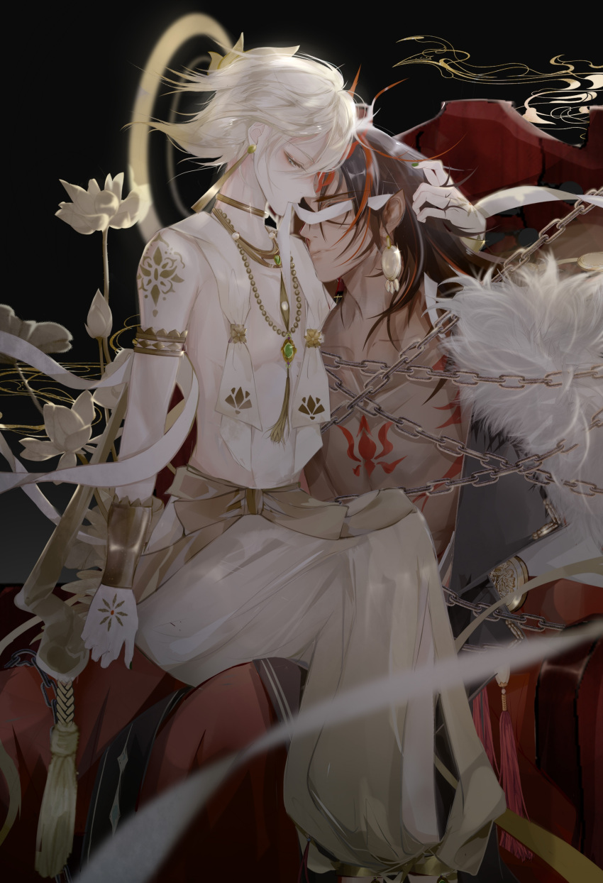 2boys absurdres asura_(onmyoji) bandages black_hair blonde_hair commentary_request couple floating flower from_side green_eyes highres japanese_clothes jewelry long_hair male_focus meijiudaren multicolored_hair multiple_boys onmyoji profile red_eyes sitting sitting_on_person taishakuten_(onmyoji) two-tone_hair white_hair yaoi