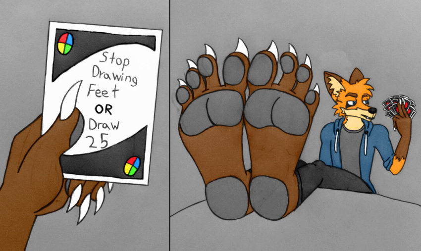 4_toes 5_fingers anthro arm_markings barefoot big_feet black_body black_bottomwear black_clothing black_face black_fur black_markings black_nose black_pants black_text blue_clothing blue_hoodie blue_topwear bottomwear brown_body brown_ears brown_eyebrows brown_fur brown_markings canid canine card card_game cheek_tuft claws clothed clothing colored_nails countershade_ears countershade_face countershade_fur countershade_torso countershading draw_25_(meme) english_text eyebrows facial_tuft fangs feet fingernails fingers foot_focus fox foxanne fully_clothed fur fur_markings fur_tuft gaming gloves_(marking) grey_background grey_clothing grey_pawpads grey_shirt grey_topwear half-closed_eyes head_tuft hindpaw holding_card holding_object hoodie humanoid_feet humanoid_hands looking_aside male mammal markings meme monotone_bottomwear monotone_clothing monotone_hoodie monotone_pants monotone_shirt monotone_topwear multicolored_body multicolored_ears multicolored_face multicolored_fur multicolored_markings nails narrowed_eyes orange_body orange_ears orange_face orange_fur pants pawpads paws plantigrade prick_ears sharp_fangs sharp_fingernails sharp_nails sharp_teeth sharp_toenails shirt simple_background sitting snout solo tan_body tan_countershading tan_ears tan_face tan_fur teeth text thieving_fox_(artist) toenails toes topwear traditional_media_(artwork) tuft two_tone_markings uno white_claws white_fingernails white_nails white_toenails