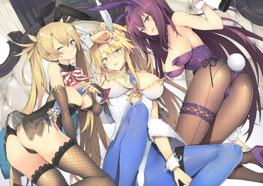 3girls animal_ears artoria_pendragon_(fate) artoria_pendragon_(swimsuit_ruler)_(fate) artoria_pendragon_(swimsuit_ruler)_(fate)_(cosplay) ass bare_shoulders blonde_hair blue_bow blue_bowtie blue_eyes bow bowtie bradamante_(fate) bradamante_(welcome_bunny)_(fate) braid breasts card cleavage cosplay couch crown_braid detached_collar fake_animal_ears fate/grand_order fate_(series) feather_boa fishnet_pantyhose fishnet_thighhighs fishnets french_braid green_eyes hair_between_eyes highleg highleg_leotard highres indoors large_breasts leotard long_hair multiple_girls official_alternate_costume pantyhose playboy_bunny purple_hair rabbit_ears rabbit_tail red_eyes scathach_(fate) scathach_(piercing_bunny)_(fate) shiny_pantyhose strapless strapless_leotard tail thigh_strap thighhighs tiara twintails very_long_hair wrist_cuffs yuguru