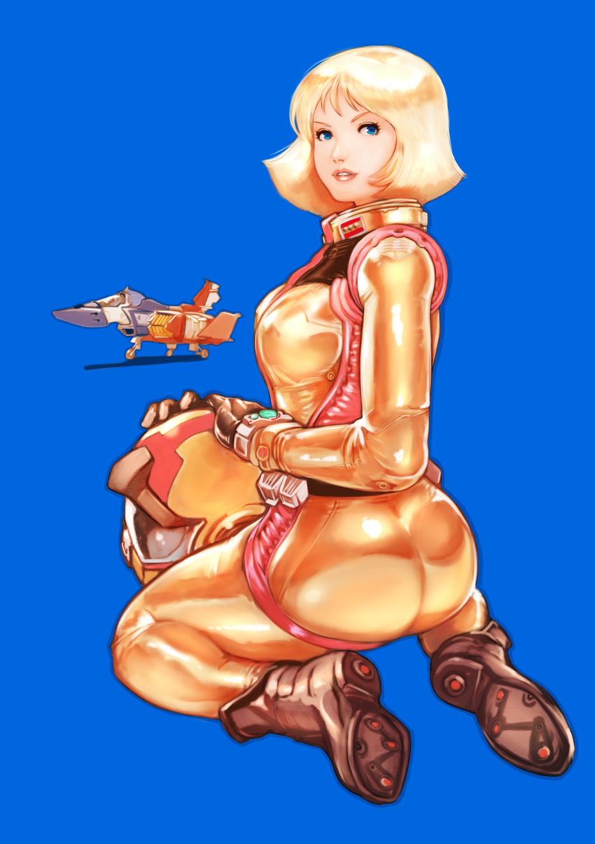 absurdres ass blonde_hair blue_background blue_eyes boots breasts brown_footwear core_fighter female gloves gundam helmet highres holding holding_helmet looking_back medium_breasts mobile_suit_gundam parted_lips pilot_suit rx-78-2 sayla_mass science_fiction sitting solo_focus twisted_torso v-shaped_eyebrows vigwer wariza