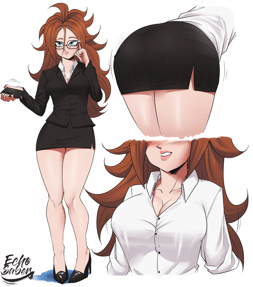 absurdres android_21 artist_name ass ass_shake blue_eyes breasts brown_hair cleavage dragon_ball dragon_ball_fighterz echo_saber english_commentary female glasses hair_between_eyes high_heels highres large_breasts miniskirt multiple_views office_lady shirt simple_background skirt white_background white_shirt