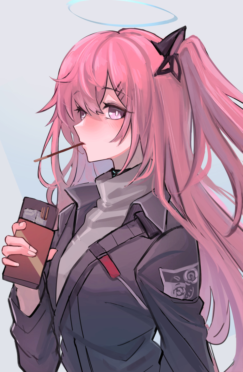 ambriel_(arknights) arknights black_jacket blush eating female food from_side grey_background grey_shirt hair_ornament hairclip halo hand_up highres jacket long_hair looking_at_viewer mouth_hold one_side_up pink_hair pocky purple_eyes shino_duka shirt simple_background solo upper_body