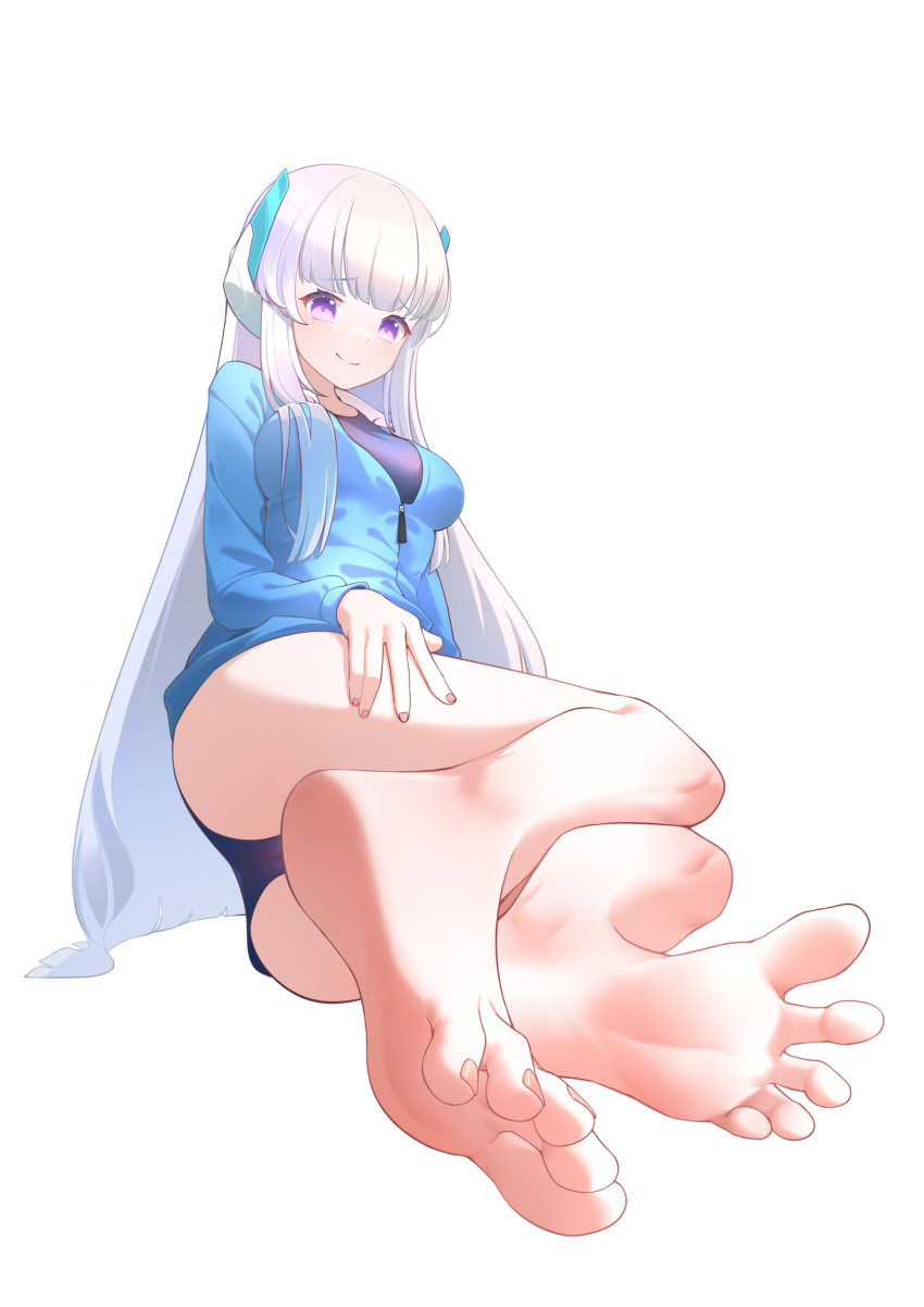 absurdres ass bad_id bad_pixiv_id bare_legs barefoot blue_archive blue_jacket blue_shorts blush breasts chan_sang closed_mouth collarbone feet female foot_focus foreshortening grey_hair gym_uniform hair_ornament hand_on_own_thigh highres impossible_clothes jacket leaning_to_the_side legs long_hair long_sleeves medium_breasts noa_(blue_archive) purple_eyes shiny_skin shorts sidelocks simple_background sitting soles solo spread_toes thighs toenails toes very_long_hair white_background