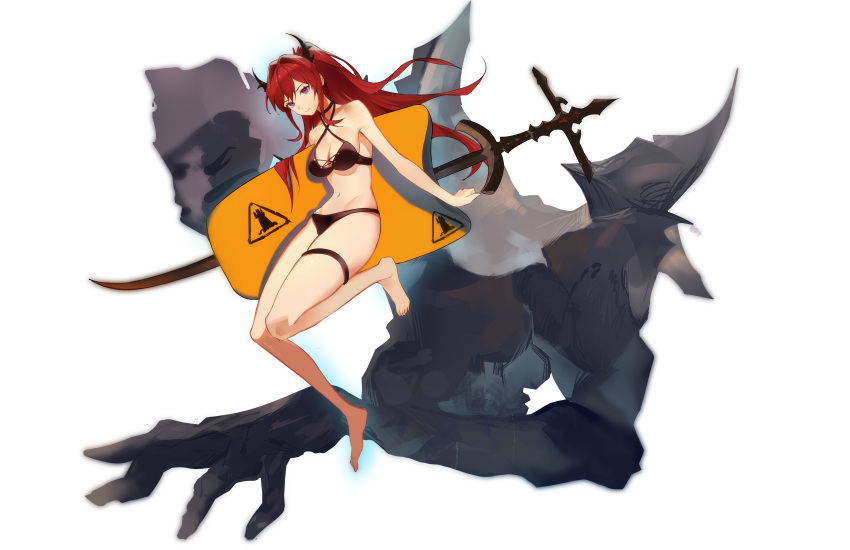 absurdres arknights bare_legs barefoot bikini black_bikini black_choker choker commentary criss-cross_halter female full_body groin halterneck highres horns long_hair looking_at_viewer navel pat_bharasarn purple_eyes red_hair smile solo stomach surtr's_golem_(arknights) surtr_(arknights) swimsuit sword thigh_strap thighs weapon white_background