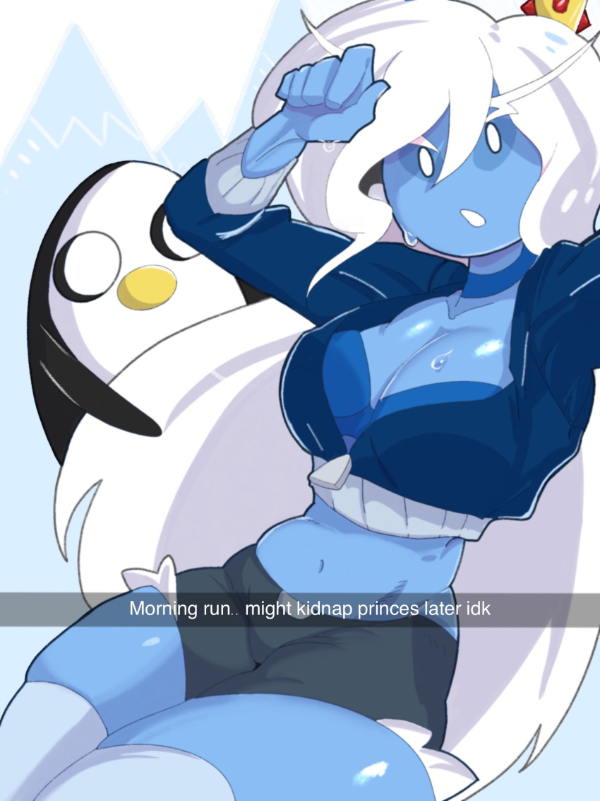 1other adventure_time bird blue_bra blue_jacket blue_skin bra breasts cleavage colored_skin commentary cropped_jacket crown english_commentary english_text female genderswap_(mtf) gunter_(adventure_time) highres ice_queen_(adventure_time) jacket large_breasts legs_together long_eyebrows looking_at_viewer midriff mini_crown navel no_pupils penguin rule_63 selfie shorts skel skindentation snapchat solo_focus sweat thick_thighs thighhighs thighs underwear white_eyes white_hair