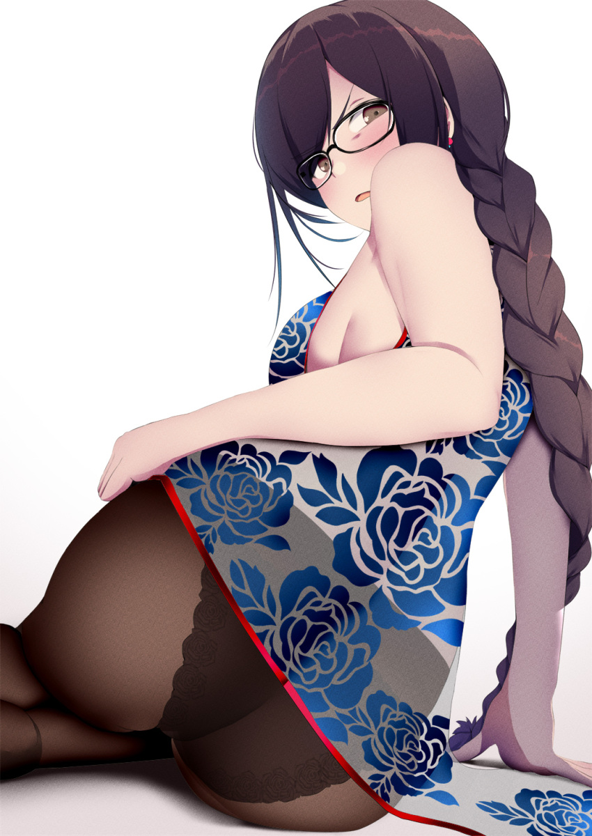 ashino_moto ass back black_panties blush braid braided_ponytail breasts brown_eyes brown_hair brown_pantyhose china_dress chinese_clothes dress earrings fate/grand_order fate_(series) female glasses highres iya_na_kao_sare_nagara_opantsu_misete_moraitai jewelry long_hair looking_back medium_breasts panties panties_under_pantyhose pantyhose parted_lips single_braid sitting solo underwear very_long_hair yu_mei-ren_(fate) yu_mei-ren_(spare_the_idle_talk)_(fate)