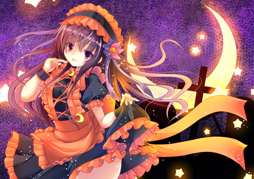 black_dress brown_hair commentary_request cowboy_shot crescent crescent_moon crescent_pin cross dress female frilled_dress frills gothic_lolita hairband halloween kamiya_yuuji kantai_collection kisaragi_(kancolle) lolita_fashion lolita_hairband long_hair looking_at_viewer moon purple_eyes skirt_hold solo tongue tongue_out wrist_cuffs