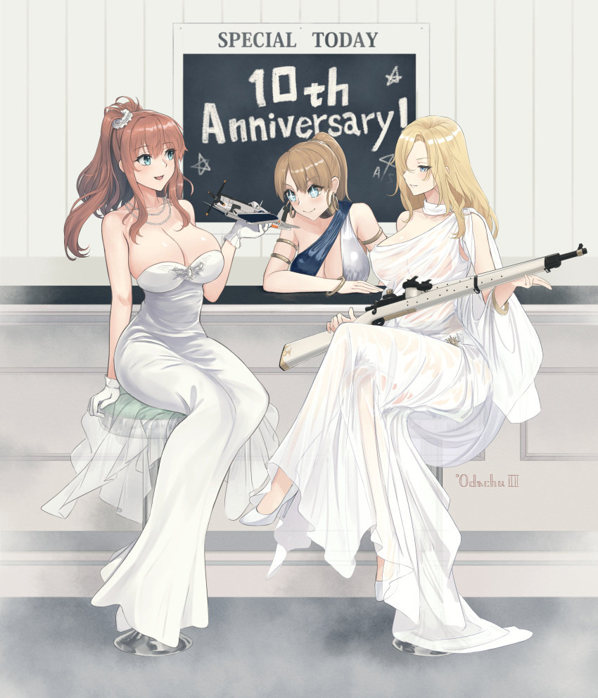 3girls absurdres alternate_costume alternate_hair_ornament bar_stool blonde_hair blue_eyes blue_sash bolt_action breasts brown_hair commentary_request dress earrings english_text f4u_corsair gloves gun hair_between_eyes hair_ornament hair_scrunchie high_heels highres holding holding_gun holding_weapon hoop_earrings hornet_(kancolle) intrepid_(kancolle) jewelry kantai_collection large_breasts light_brown_hair long_hair m1903_springfield model_airplane multiple_girls necklace odachu ponytail rifle saratoga_(kancolle) sash scrunchie short_hair sidelocks sitting sleeveless sleeveless_dress star-shaped_pupils star_(symbol) stool strapless strapless_dress symbol-shaped_pupils weapon white_dress white_footwear white_gloves white_scrunchie