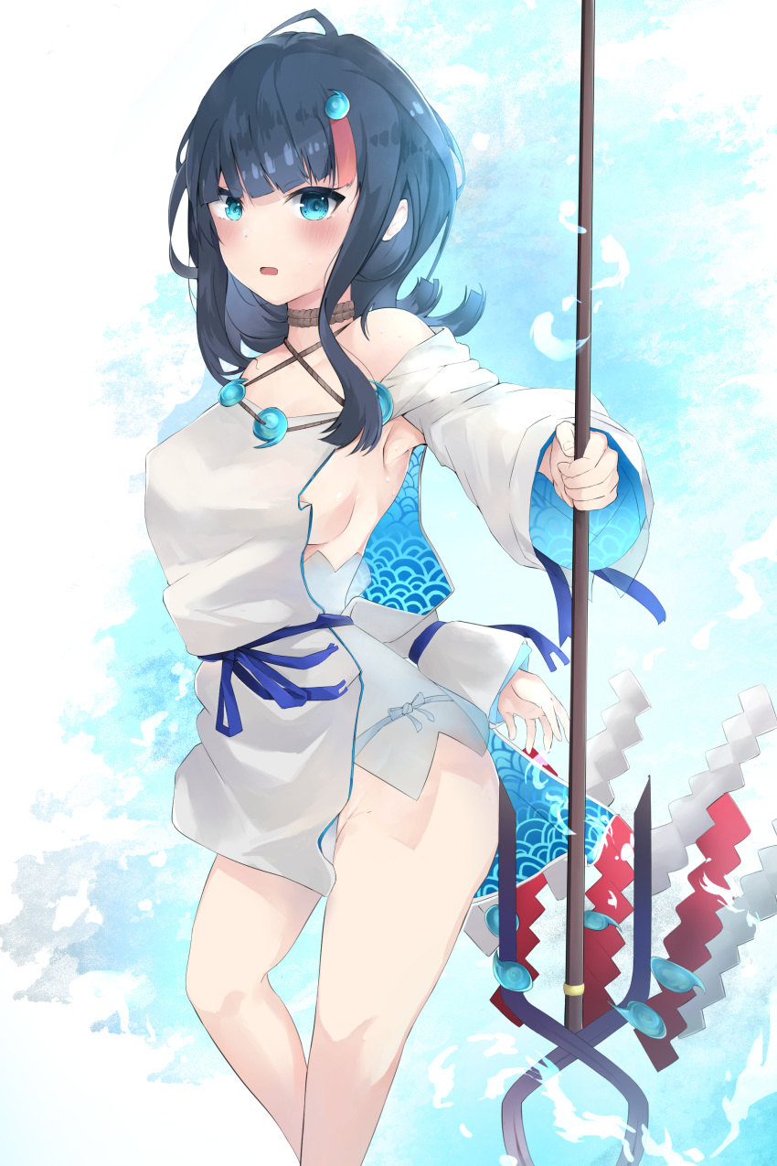 absurdres ahoge bad_id bad_pixiv_id bare_shoulders black_hair blue_background blue_eyes blue_ribbon blush breasts collarbone dress fate/grand_order fate/requiem fate_(series) female fundoshi highres japanese_clothes jewelry large_breasts long_sleeves looking_at_viewer magatama magatama_hair_ornament medium_hair megu_(pixiv9460065) multicolored_hair necklace open_mouth pelvic_curtain pink_hair polearm puffy_long_sleeves puffy_sleeves ribbon seigaiha short_dress sideboob sideless_outfit sidelocks solo spear streaked_hair thighs utsumi_erice weapon white_dress