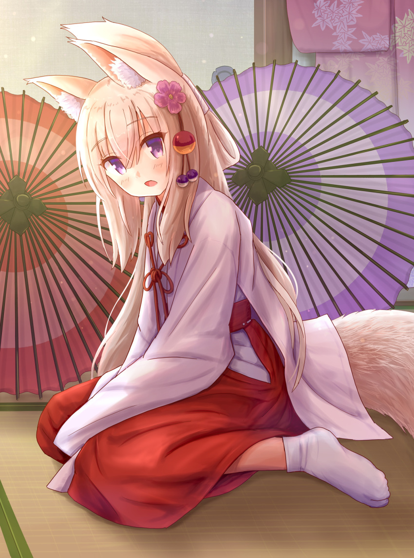 animal_ear_fluff animal_ears blonde_hair blush commentary_request female flower folded_ponytail fox_ears fox_girl fox_tail full_body hair_between_eyes hair_flower hair_ornament hakama hakama_skirt highres iroha_(iroha_matsurika) japanese_clothes kimono koyoi_(iroha_(iroha_matsurika)) long_hair long_sleeves looking_at_viewer miko no_shoes oil-paper_umbrella on_floor open_mouth original pink_flower purple_eyes purple_umbrella red_hakama red_umbrella sitting skirt sleeves_past_fingers sleeves_past_wrists socks solo tabi tail tatami umbrella very_long_hair wariza white_kimono white_socks