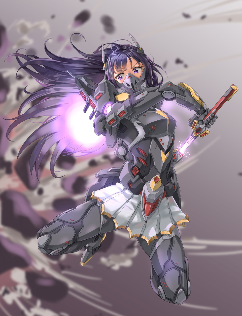 armor armored_skirt blurry blurry_background commentary_request dulldull explosion female flying full_body glowing glowing_sword glowing_weapon headgear highres joints jumping king's_raid long_hair mask mecha_musume power_armor purple_eyes purple_hair scabbard science_fiction seria_(king's_raid) sheath skirt solo sword thrusters unsheathing very_long_hair weapon window