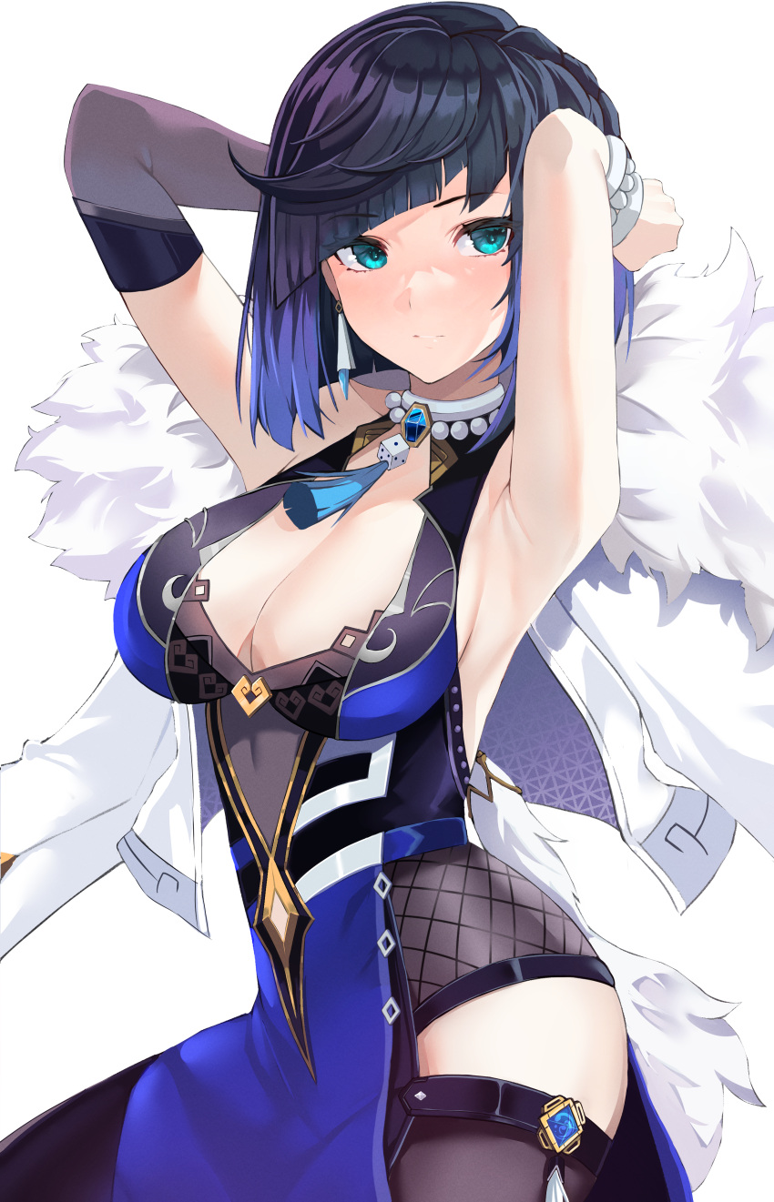 absurdres aqua_eyes armpits arms_behind_head asymmetrical_gloves black_hair blue_hair bob_cut breasts collarbone contrapposto diagonal_bangs dice elbow_gloves feather-trimmed_jacket feather_collar female fur-trimmed_jacket fur_trim genshin_impact gloves highres jacket jacket_on_shoulders jewelry lessone looking_at_viewer medium_breasts medium_hair mismatched_gloves mole neck_ring neck_tassel pants parted_lips sideboob simple_background single_elbow_glove solo tassel tassel_choker tight_clothes tight_pants vision_(genshin_impact) waist_cutout white_background white_jacket yelan_(genshin_impact)