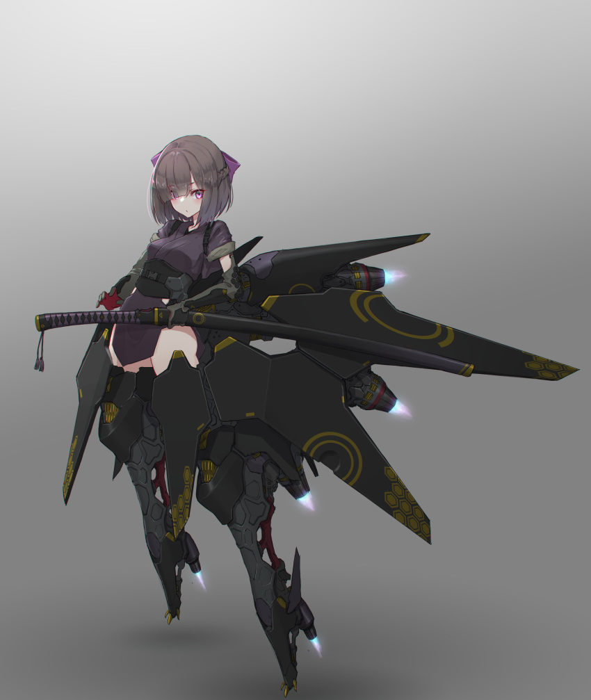 absurdres braid brown_hair commentary_request elbow_gloves female full_body gloves highres holding holding_sword holding_weapon looking_at_viewer mecha_musume oota_youjo original pink_ribbon ribbon simple_background solo sword thrusters weapon