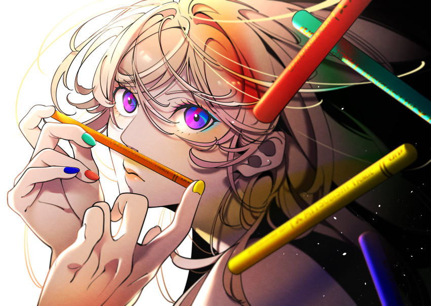 1boy absurdres ayukawa_ryuuji blue_nails blue_period blurry blurry_foreground eyelashes fingernails green_nails hands_up highres lips long_hair looking_at_viewer multicolored_background nail_polish orange_nails otoko_no_ko purple_eyes sibato5 simple_background solo upper_body yellow_nails