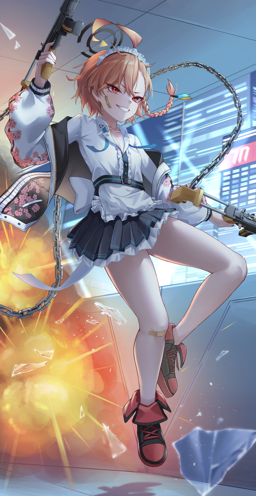 :d absurdres ahoge apron bandaid bandaid_on_knee bandaid_on_leg blue_archive blurry braid chains collarbone commentary_request depth_of_field dual_wielding earrings explosion female flat_chest grin gun hair_between_eyes halo highres holding holding_gun holding_weapon indoors jacket jewelry long_sleeves looking_at_viewer maid maid_apron maid_headdress medium_hair neru_(blue_archive) open_clothes open_jacket parted_bangs pleated_skirt red_eyes red_hair shoes sidelocks sig_mpx single_braid skirt smile sneakers solo submachine_gun sukajan weapon window yj_(yojo_san)