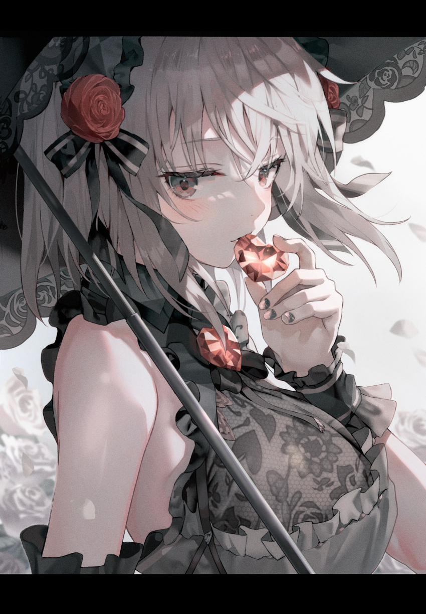 absurdres bare_shoulders black_eyes black_shirt breasts brooch commentary female flower frilled_shirt frills from_side gem gothic_lolita grey_hair hair_flower hair_ornament headdress heart highres holding huwari_(dnwls3010) jewelry large_breasts lolita_fashion looking_at_viewer looking_to_the_side nail_polish original red_gemstone rose shirt short_hair sleeveless sleeveless_shirt solo umbrella upper_body wrist_cuffs